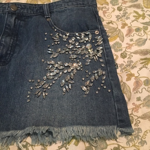 FREE PEOPLE Shine Bright Far Jeweled Jeans Denim Skirt 10 - Picture 9 of 15